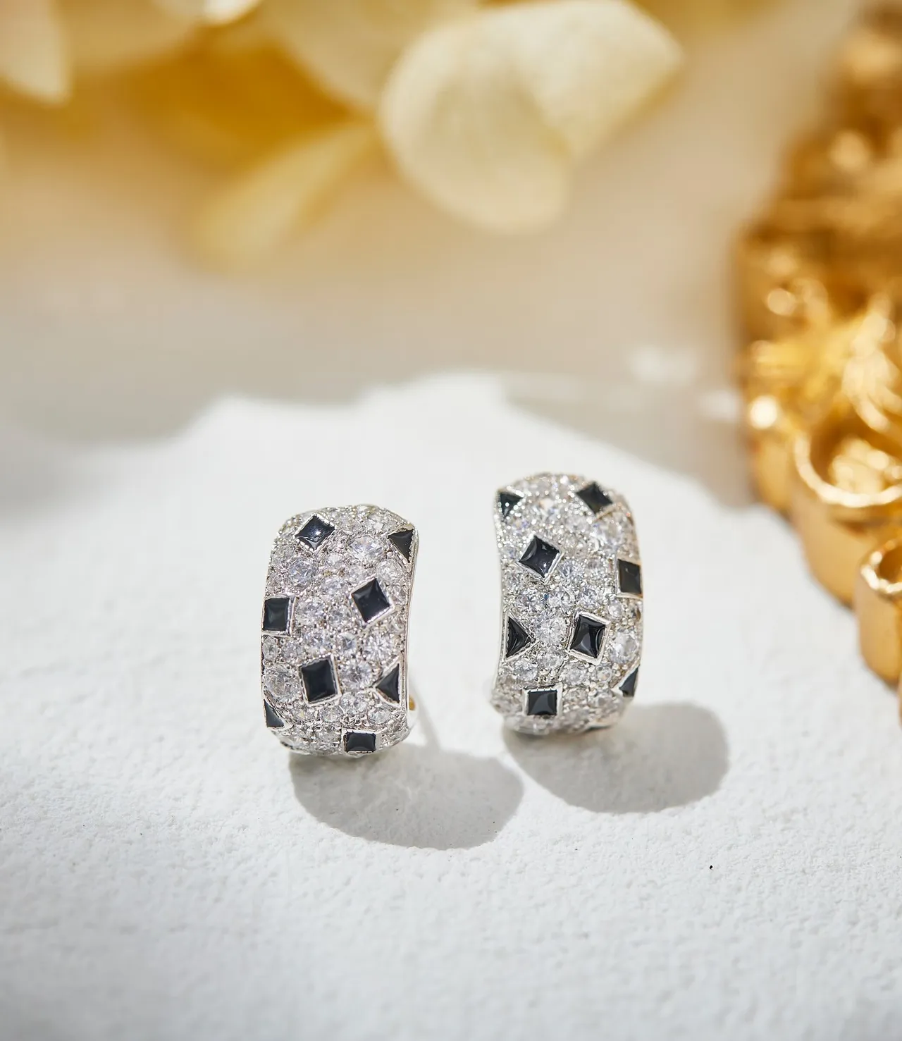 Crystal and Black Square Inlay Hoop Earrings 3