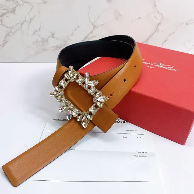 Crystal-Embellished Square Buckle Brown Leather Belt 2