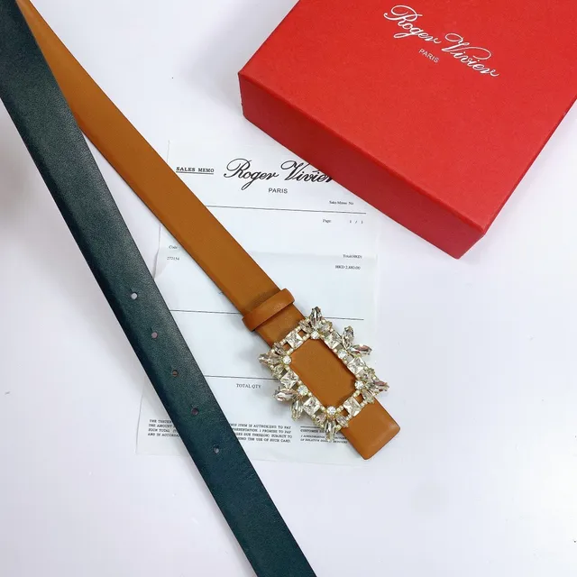 Crystal-Embellished Square Buckle Brown Leather Belt 3