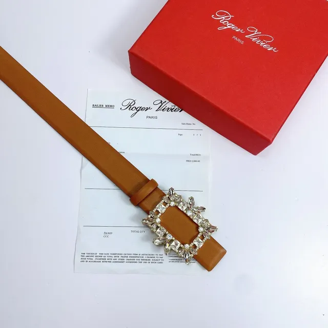 Crystal-Embellished Square Buckle Brown Leather Belt 4