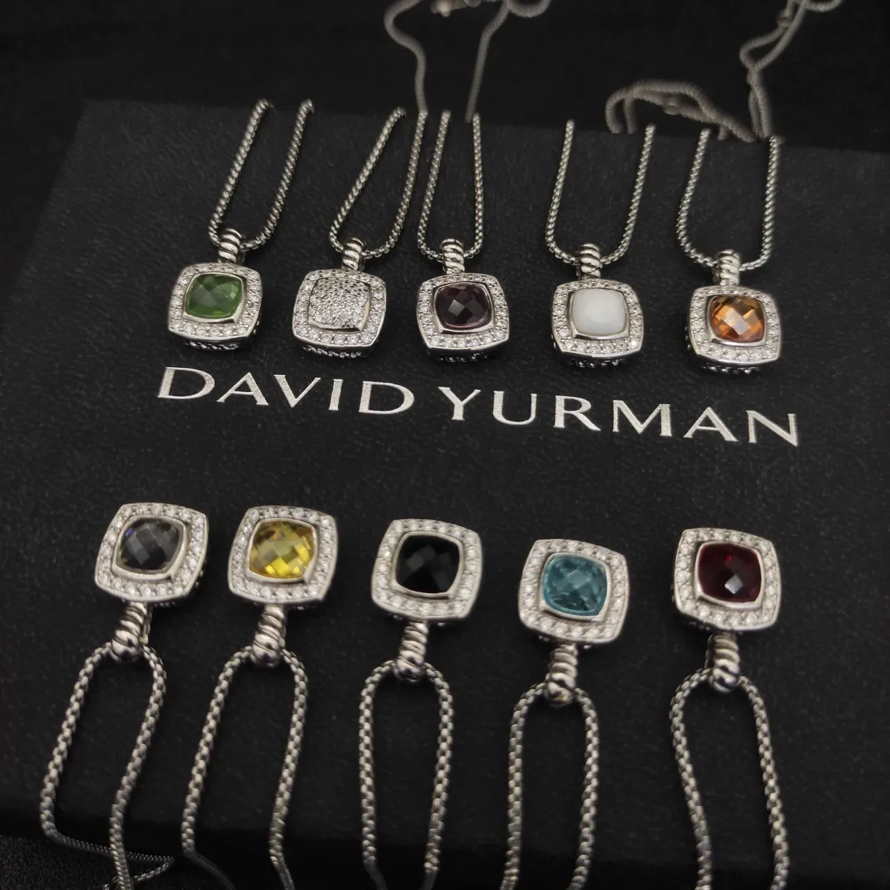 David Yurman Albion Silver Multicolor Square Bezel Pavé Diamond Halo Necklace 1