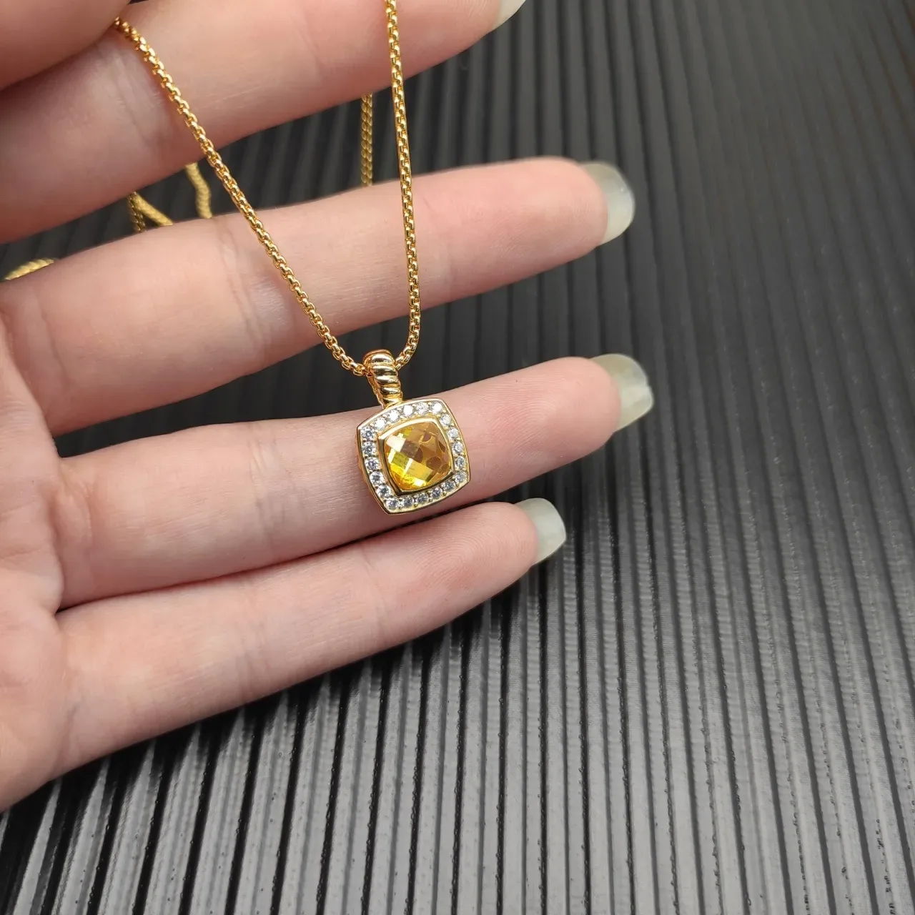 David Yurman Albion Square Citrine and Diamond Halo Necklace 7