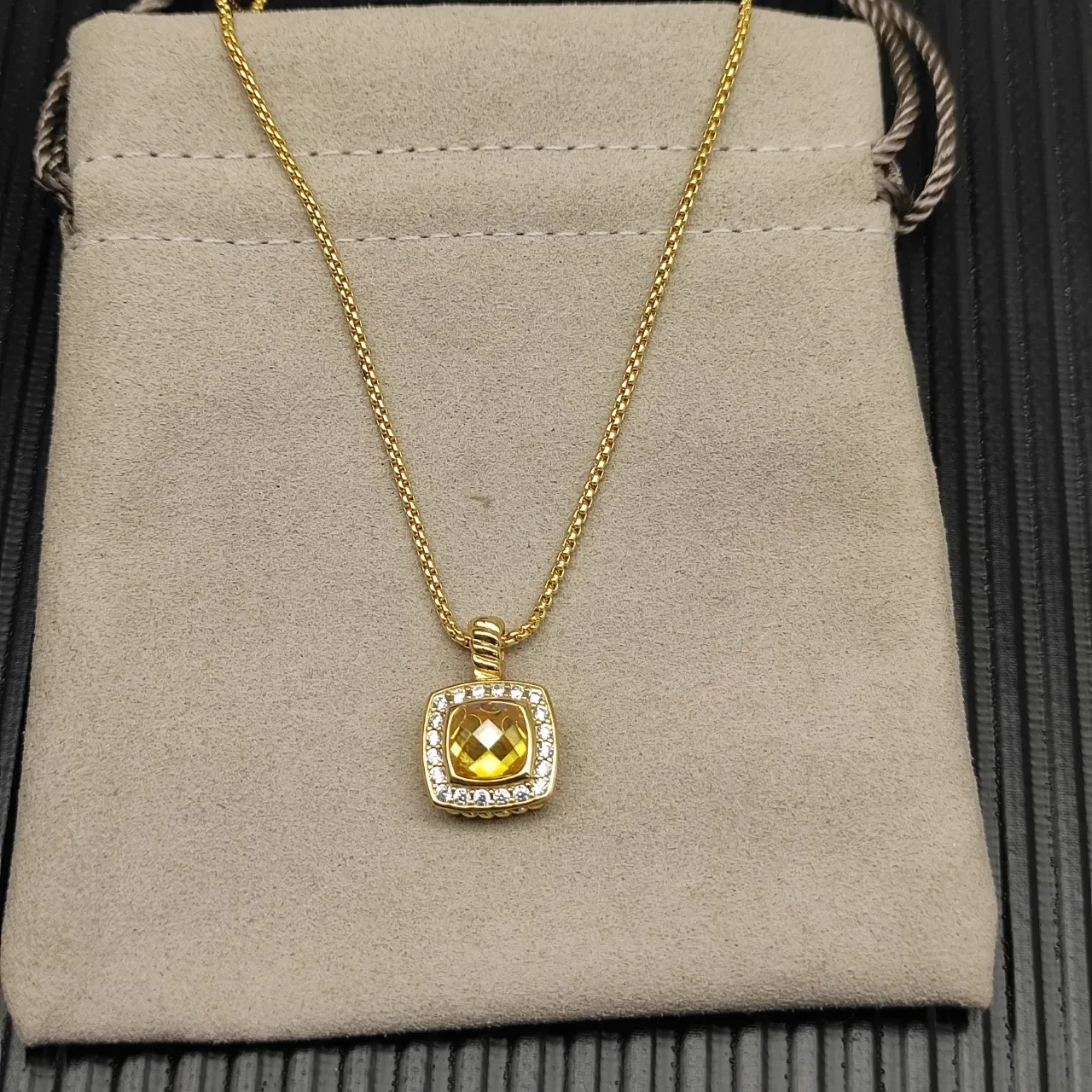 David Yurman Albion Square Citrine and Diamond Halo Necklace 8
