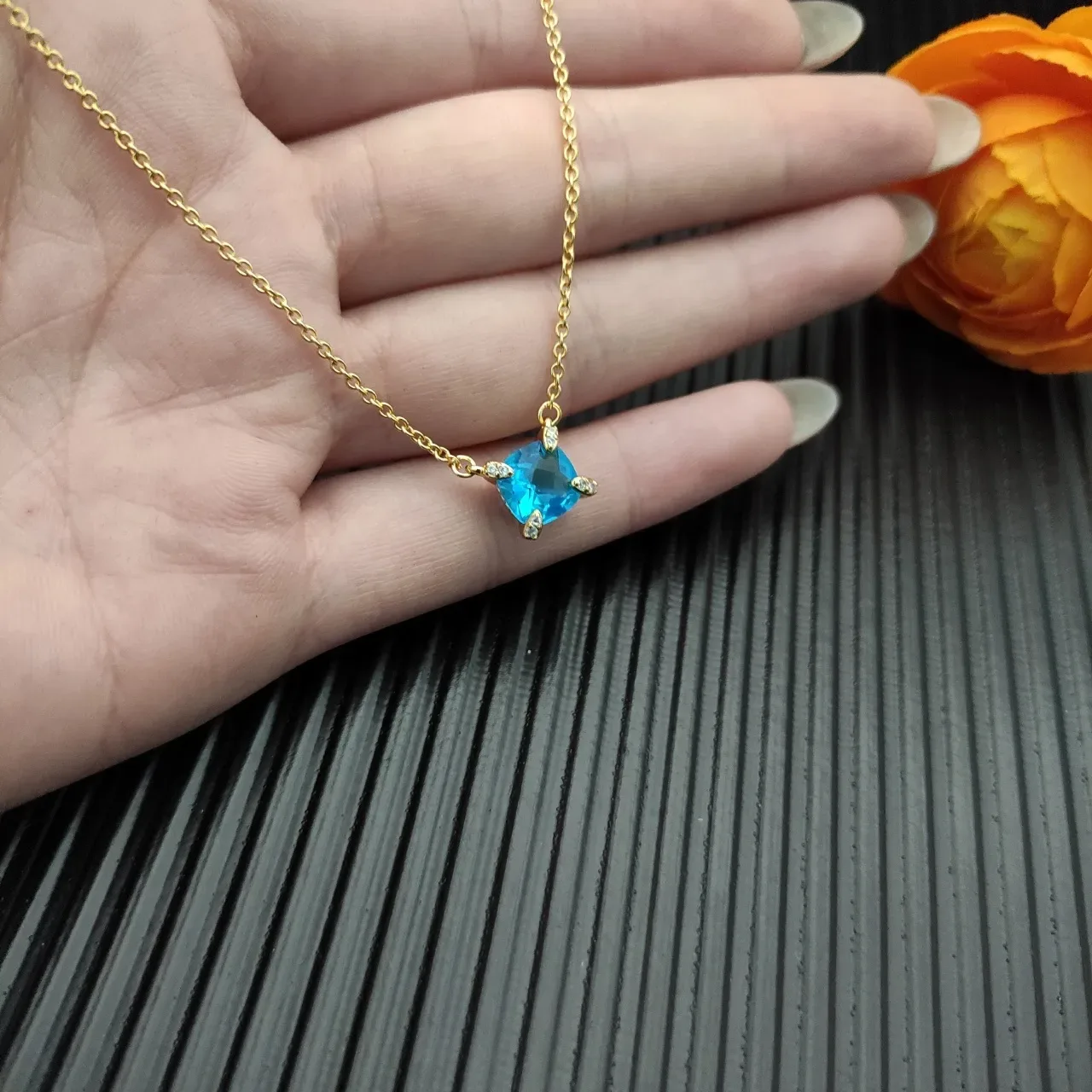 David Yurman Blue Gold Chain Cushion-Cut Gemstone Necklace 8