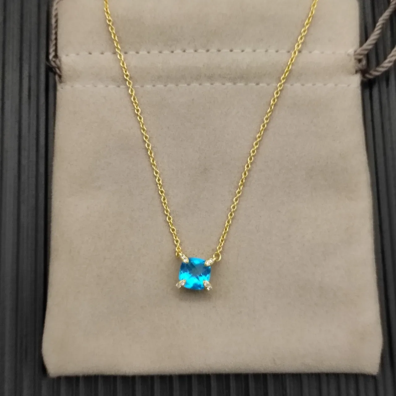 David Yurman Blue Gold Chain Cushion-Cut Gemstone Necklace 9