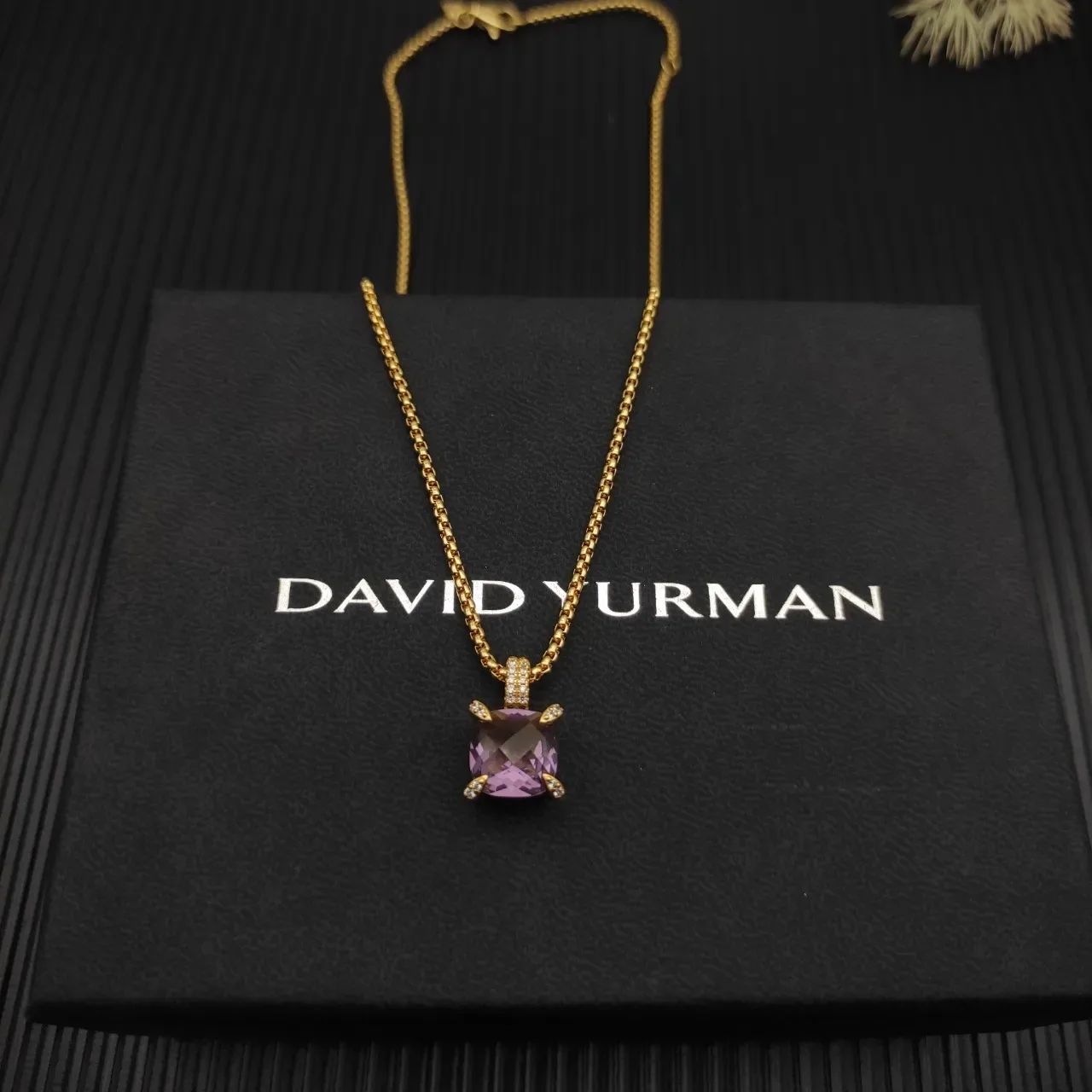 David Yurman Gold Purple Box Chain Cushion-Cut Gemstone Necklace 5