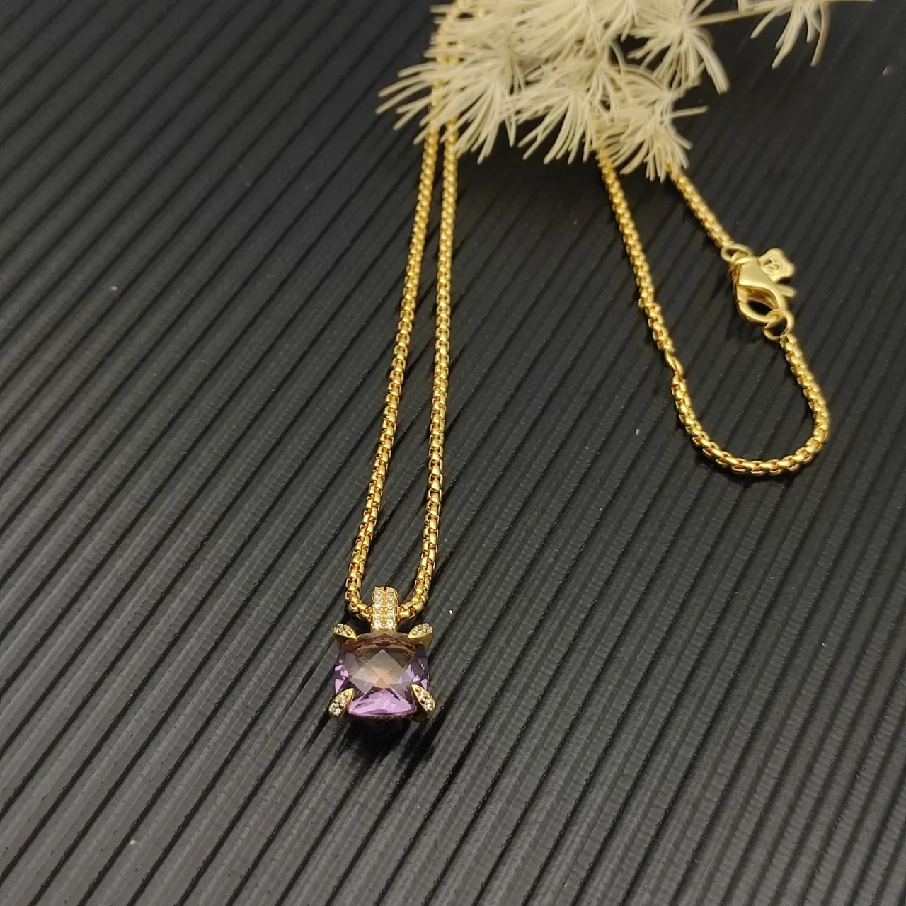 David Yurman Gold Purple Box Chain Cushion-Cut Gemstone Necklace 6
