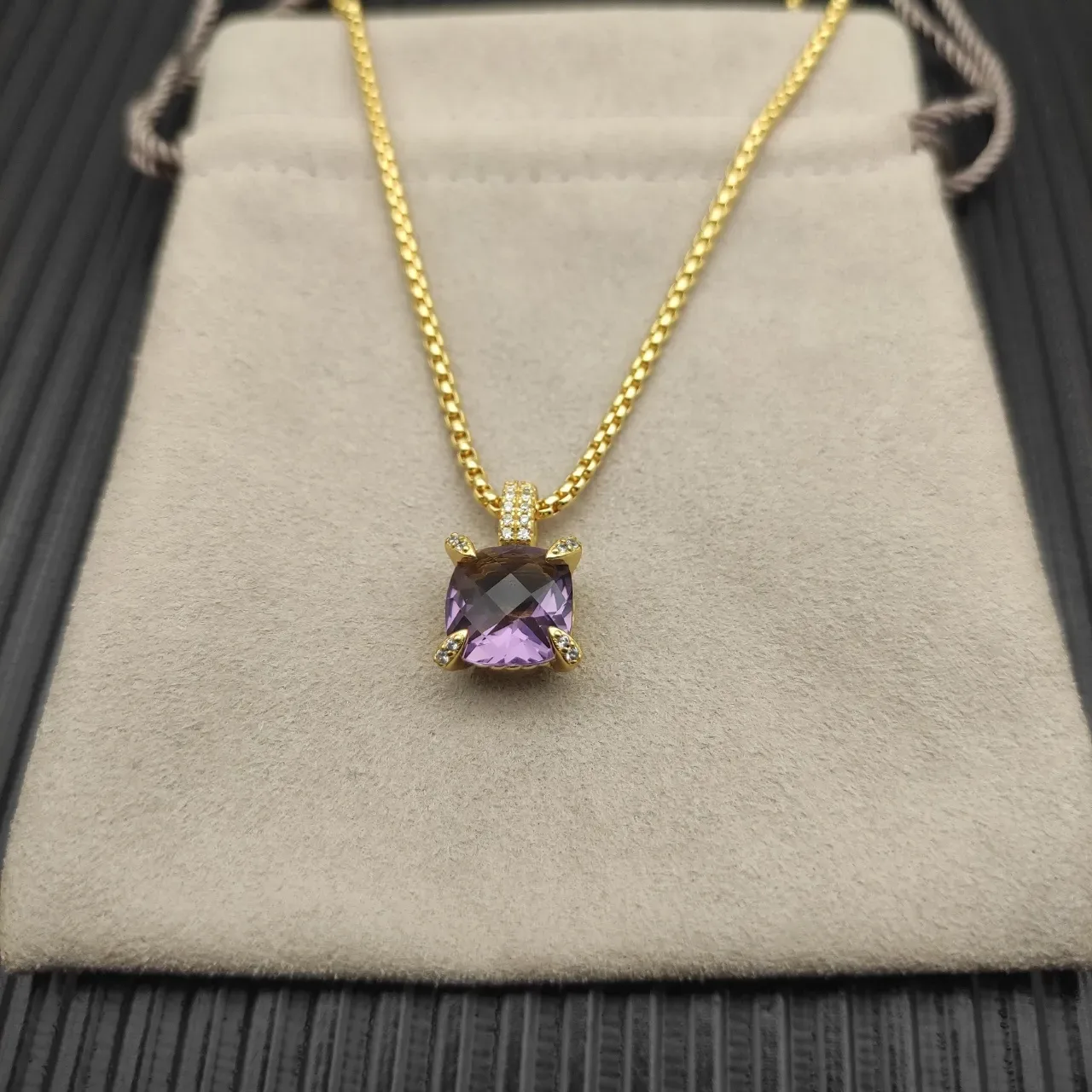 David Yurman Gold Purple Box Chain Cushion-Cut Gemstone Necklace 9
