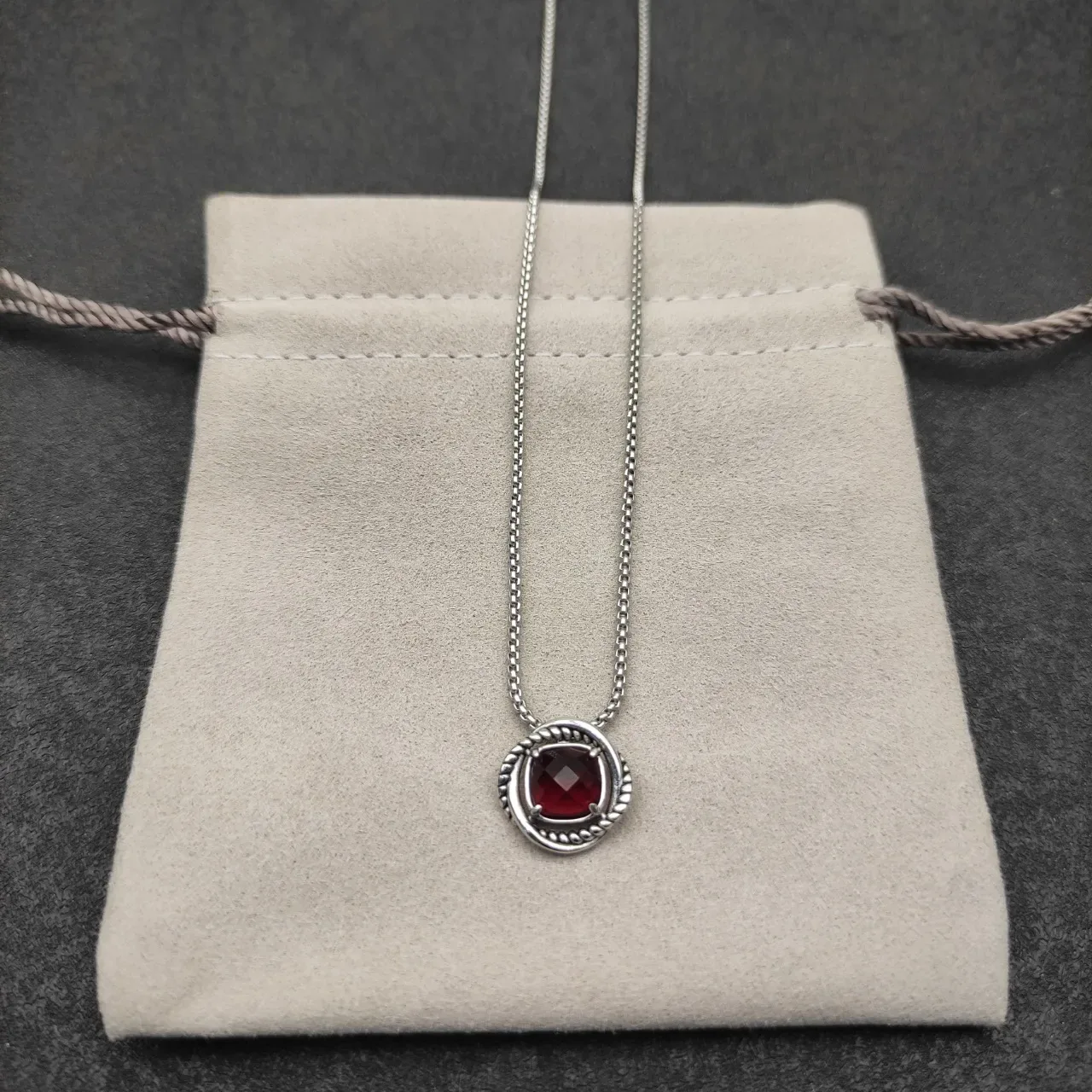 David Yurman Red Silver Circular Pendant Twisted Rope Bezel Necklace 4
