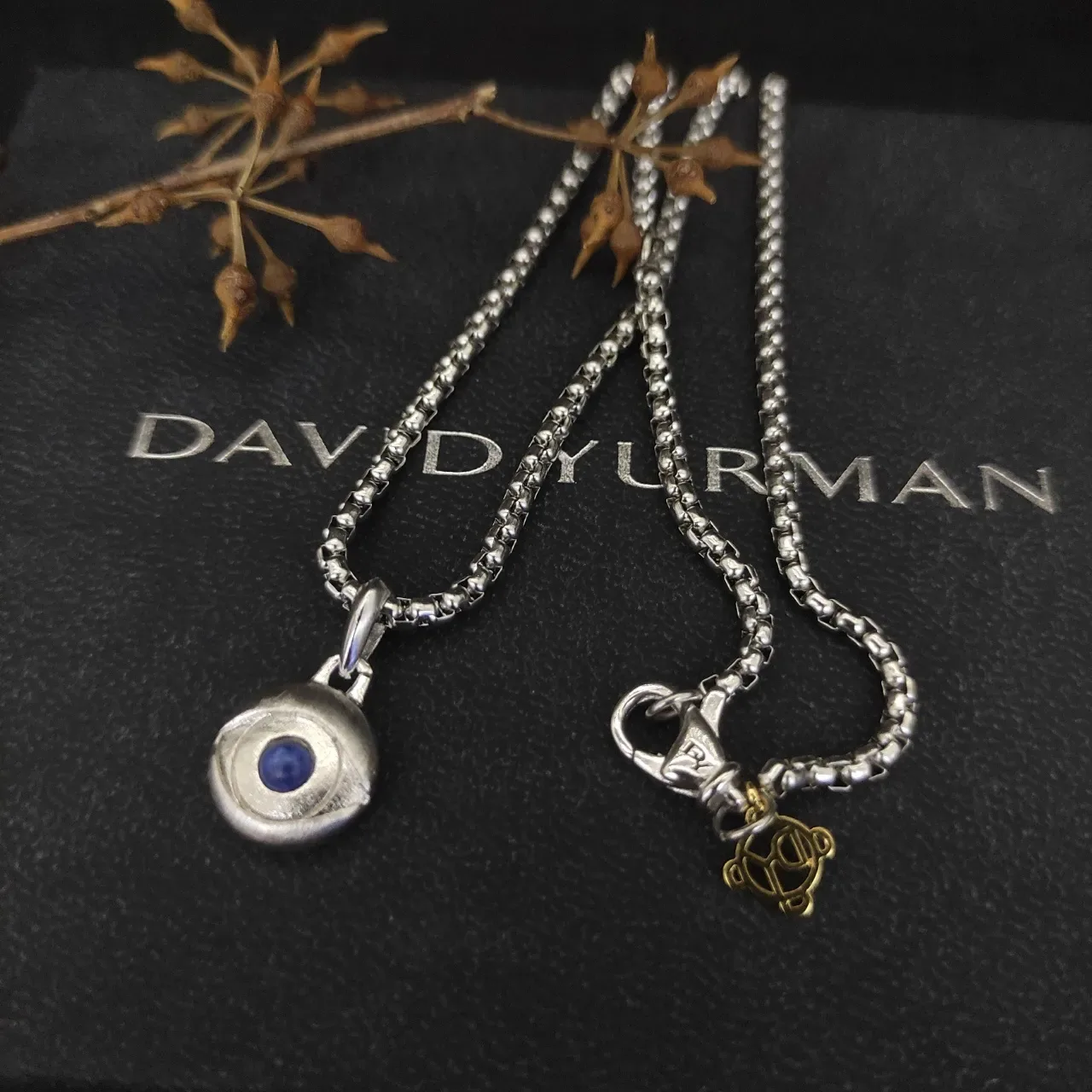 David Yurman Silver Blue Box Chain Evil Eye Pendant Necklace 6