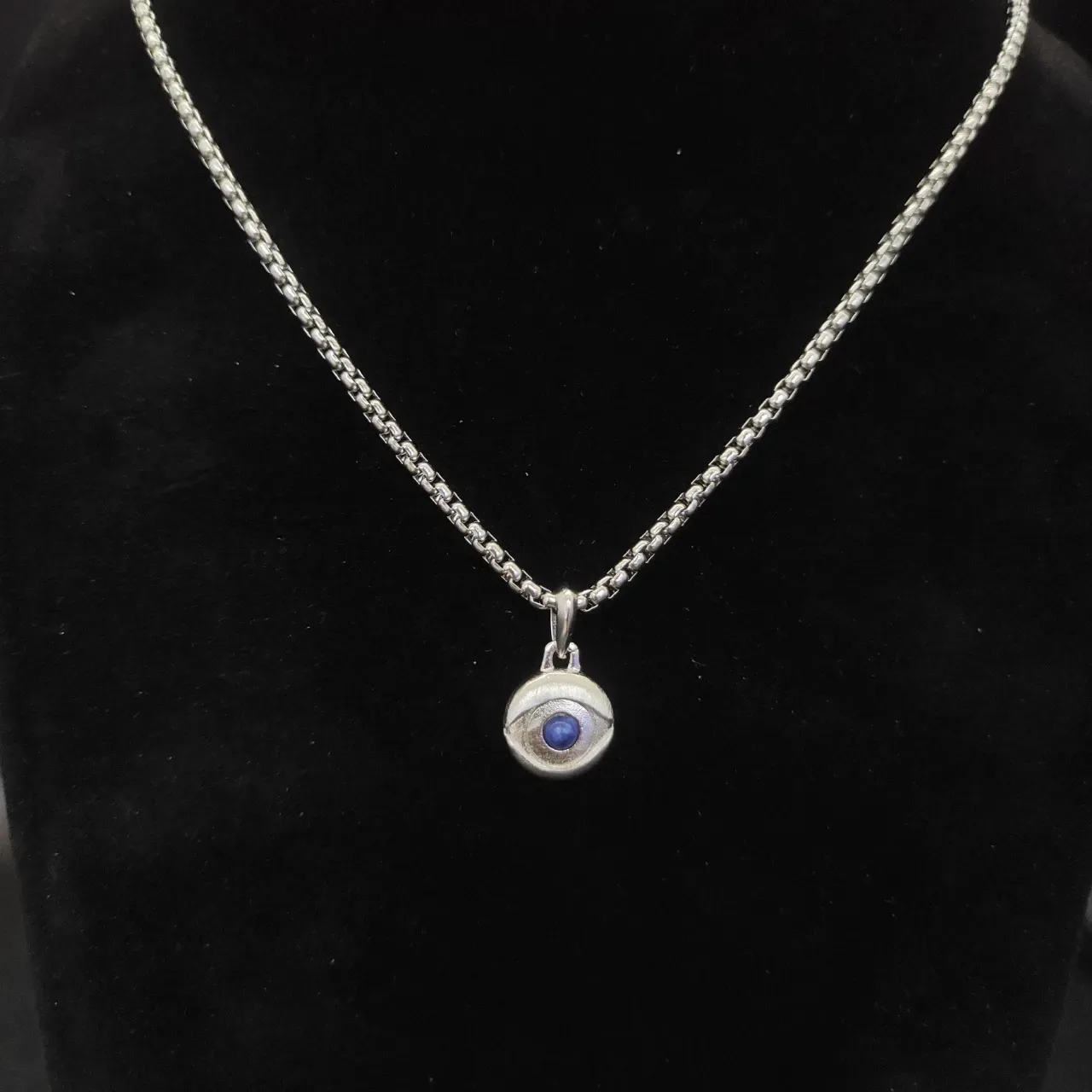 David Yurman Silver Blue Box Chain Evil Eye Pendant Necklace 8