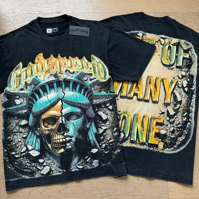 Distressed Black Graphic-Print Oversized Double-Sided T-Shirt 4