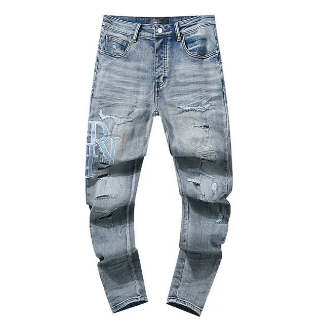 Distressed Graphic-Print Light-Wash Slim-Fit Jeans 2