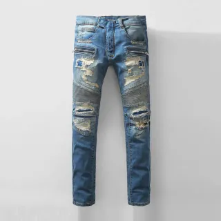 Distressed Moto-Panelled Zip-Pocket Slim Fit Blue Jeans
