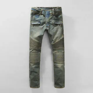 Distressed Moto-Style Ribbed Panel Jeans