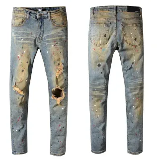 Distressed Paint-Splatter Slim-Fit Blue Jeans