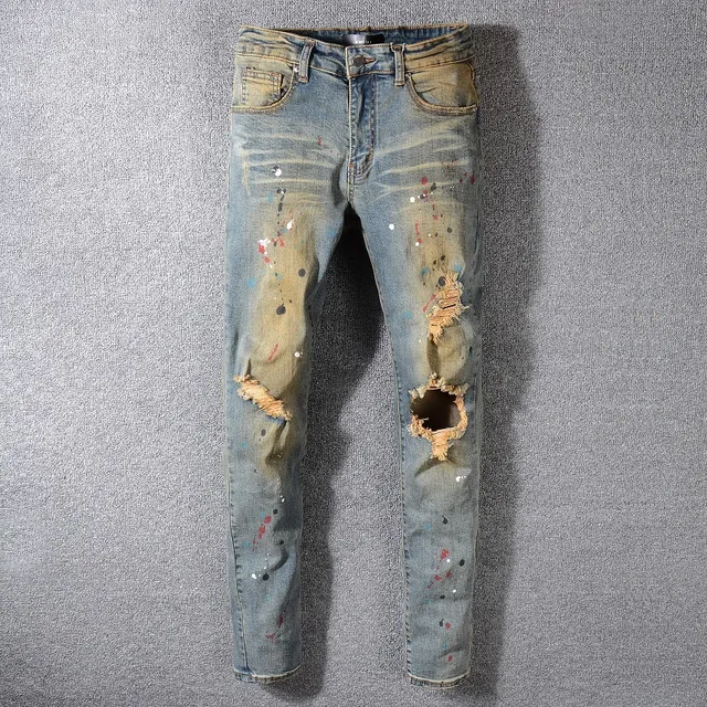 Distressed Paint-Splatter Slim-Fit Blue Jeans 2