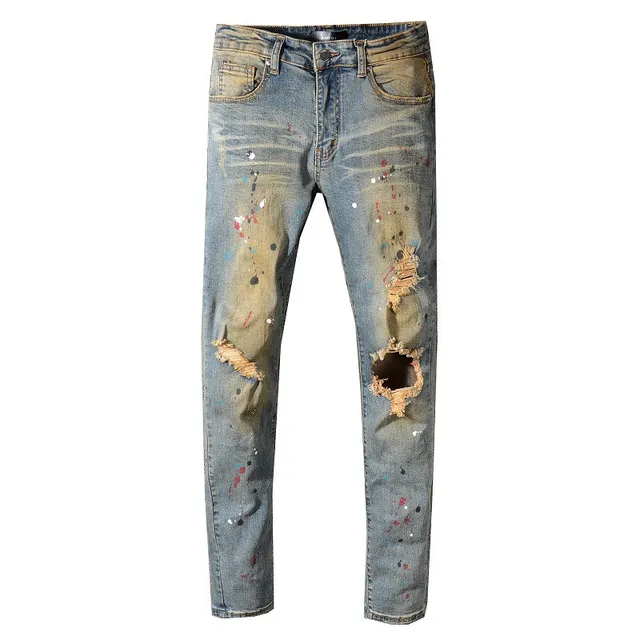 Distressed Paint-Splatter Slim-Fit Blue Jeans 3