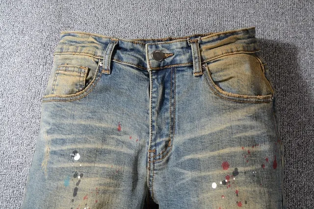 Distressed Paint-Splatter Slim-Fit Blue Jeans 4