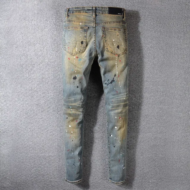 Distressed Paint-Splatter Slim-Fit Blue Jeans 10