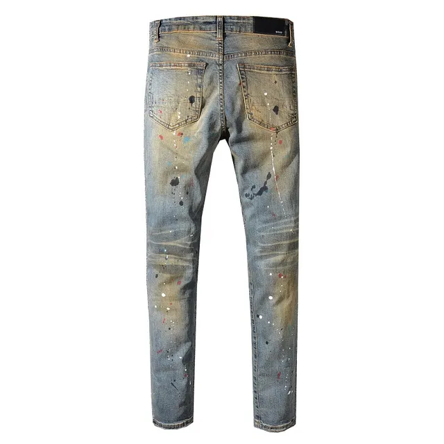 Distressed Paint-Splatter Slim-Fit Blue Jeans 11