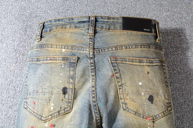Distressed Paint-Splatter Slim-Fit Blue Jeans 12