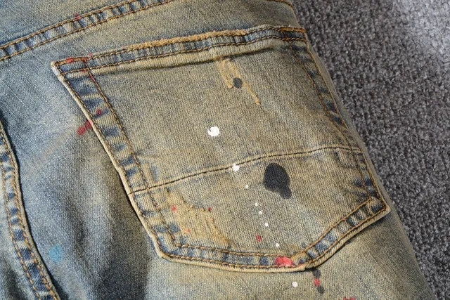 Distressed Paint-Splatter Slim-Fit Blue Jeans 13