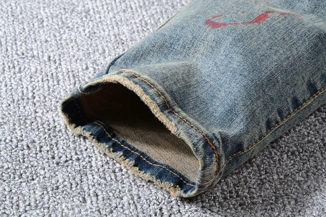 Distressed Paint-Splatter Slim-Fit Blue Jeans 15