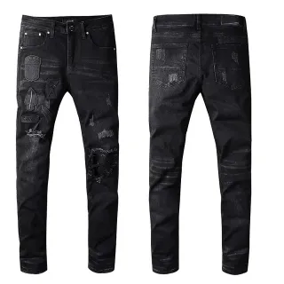 Distressed Patched Slim-Fit Black Jeans