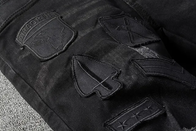 Distressed Patched Slim-Fit Black Jeans 10