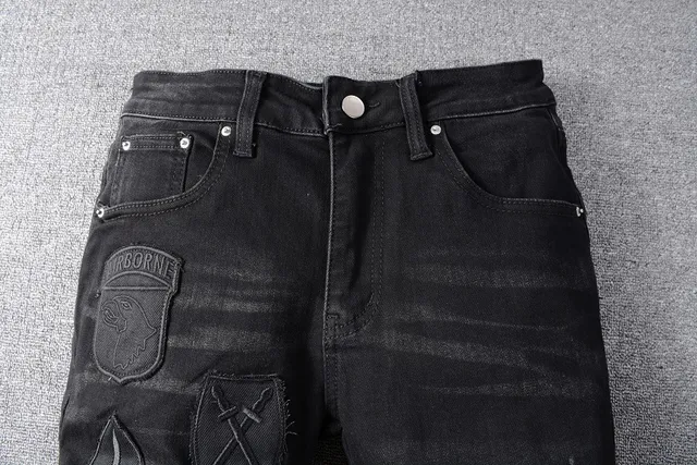 Distressed Patched Slim-Fit Black Jeans 13