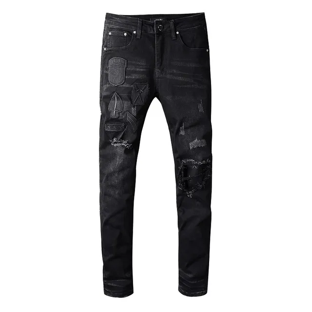 Distressed Patched Slim-Fit Black Jeans 14