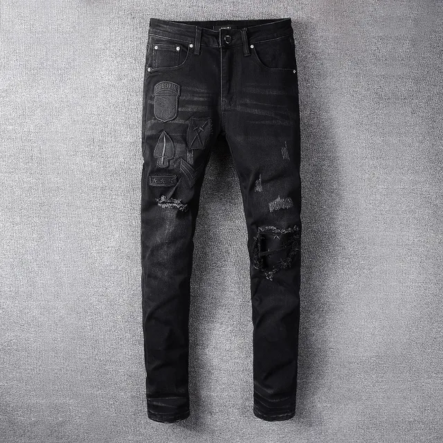Distressed Patched Slim-Fit Black Jeans 15