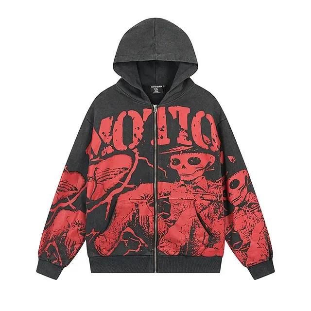 Distressed Red Skull Graphic Full-Zip Oversized Hoodie 2