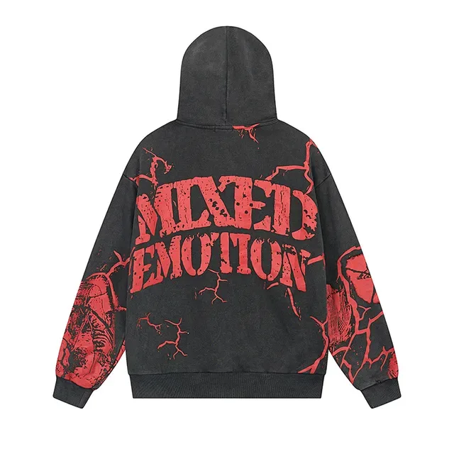 Distressed Red Skull Graphic Full-Zip Oversized Hoodie 3