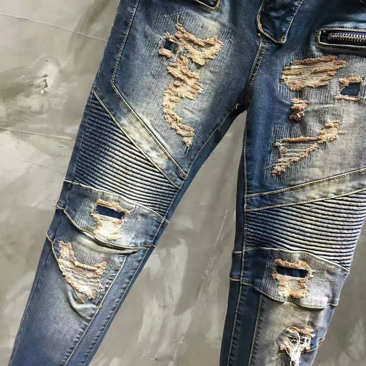 Distressed Zip-Pocket Moto Panel Jeans 6