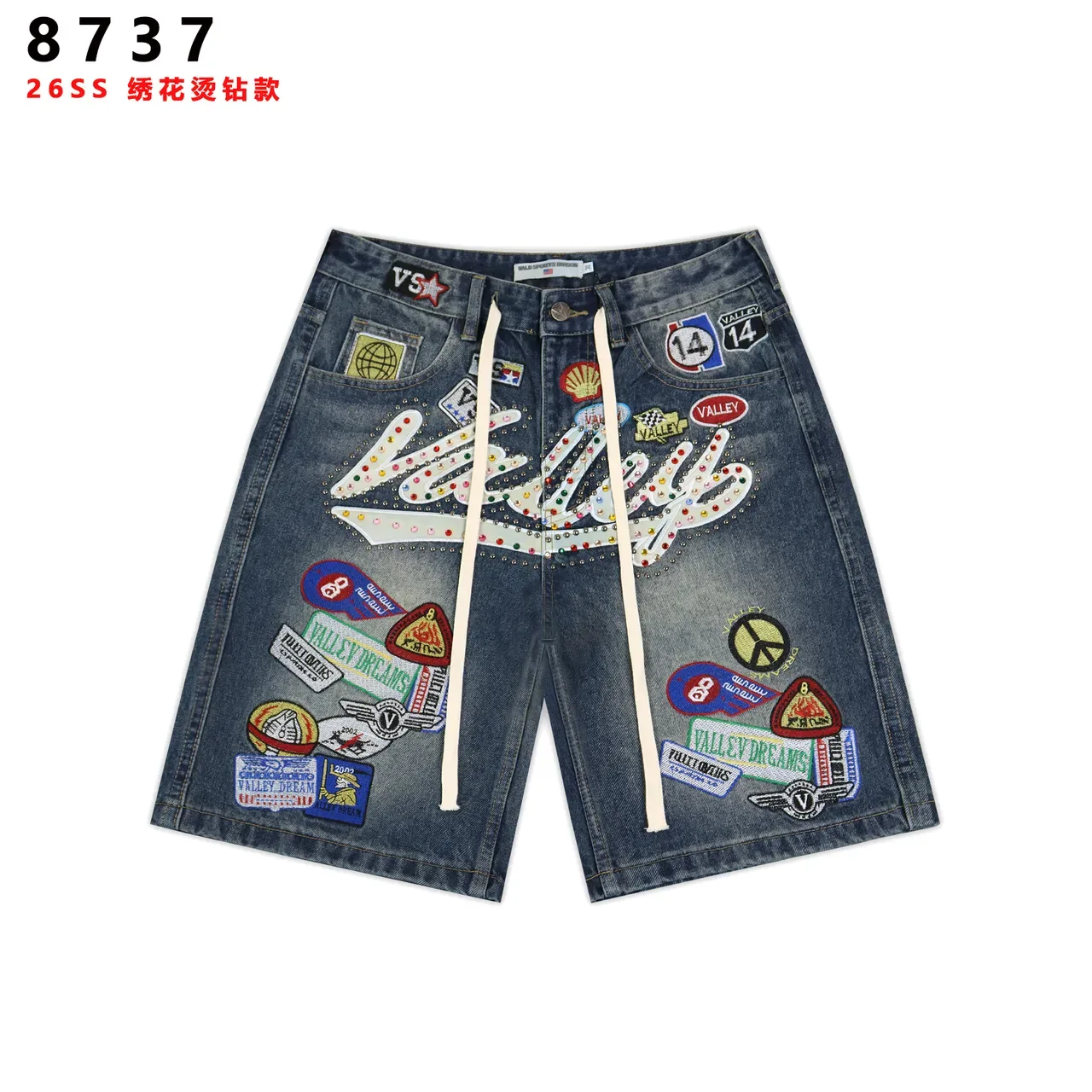 Embroidered Patchwork Drawstring Waist Denim Shorts 5