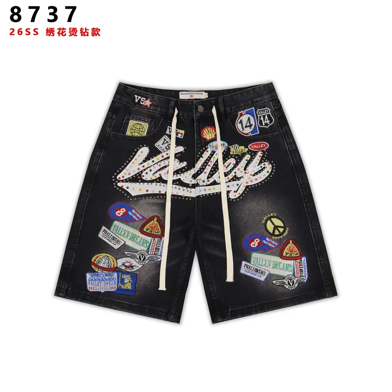 Embroidered Patchwork Drawstring Waist Denim Shorts 7