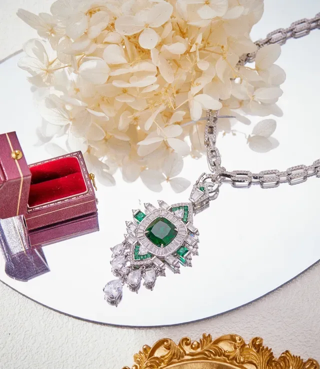 Emerald-Cut Green and Clear Stone Pendant Necklace 4