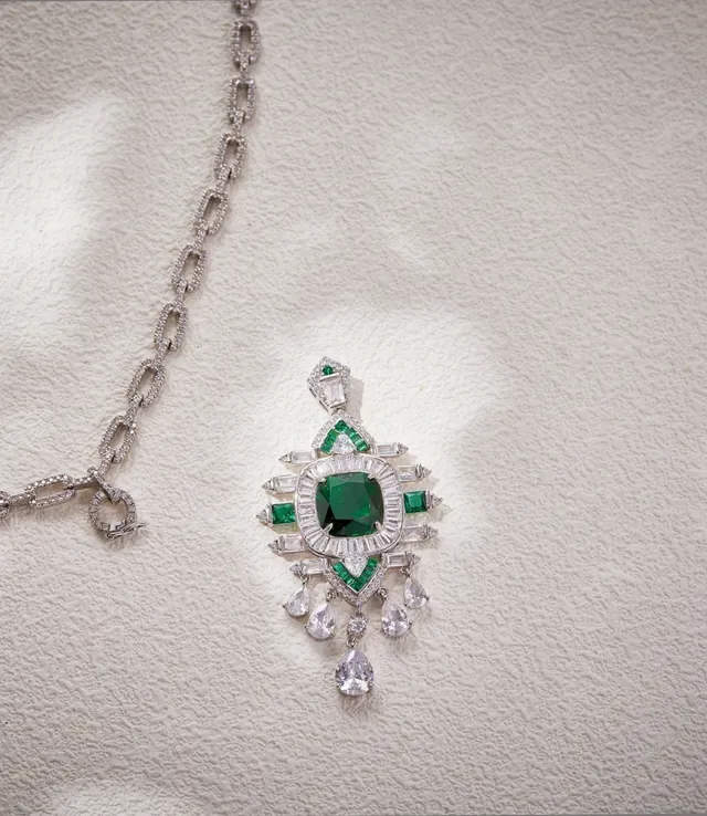 Emerald-Cut Green and Clear Stone Pendant Necklace 6