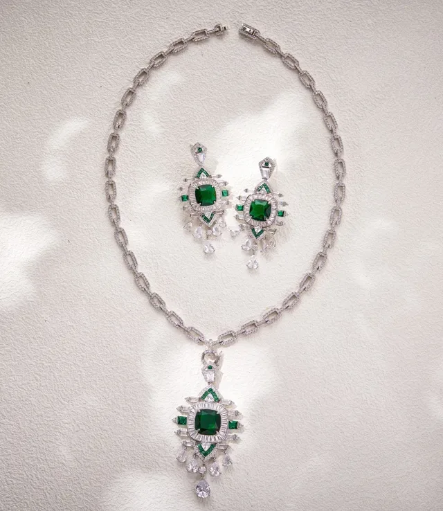 Emerald-Cut Green and Clear Stone Pendant Necklace 7