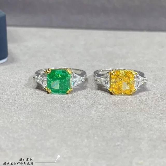 Emerald-Cut Green Gemstone and Trillion Diamond Two-Tone Ring 3