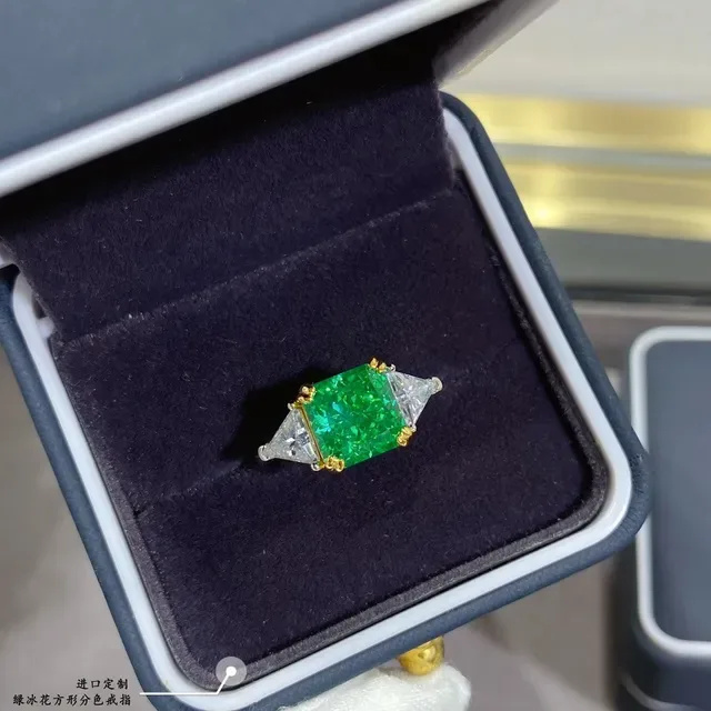 Emerald-Cut Green Gemstone and Trillion Diamond Two-Tone Ring 4