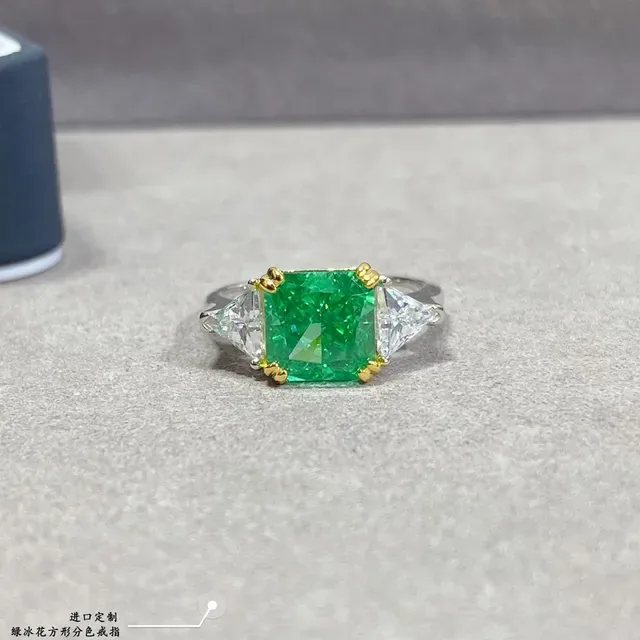 Emerald-Cut Green Gemstone and Trillion Diamond Two-Tone Ring 6