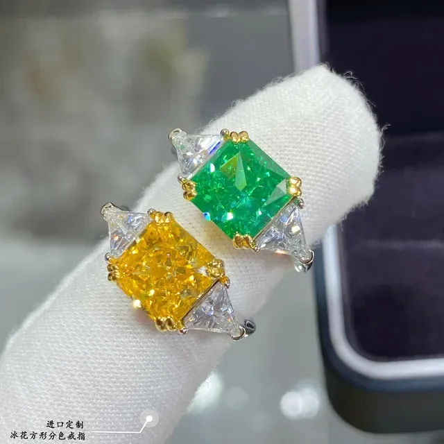 Emerald-Cut Green Gemstone and Trillion Diamond Two-Tone Ring 7