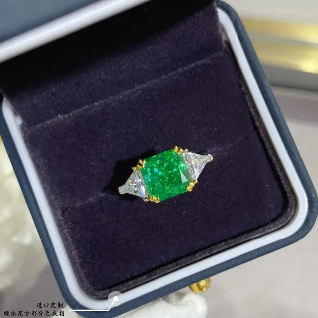 Emerald-Cut Green Gemstone and Trillion Diamond Two-Tone Ring 8