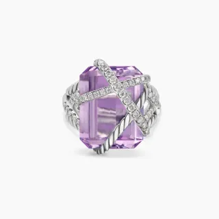 Faceted Purple Gemstone Crisscross Diamond Rope Motif Ring