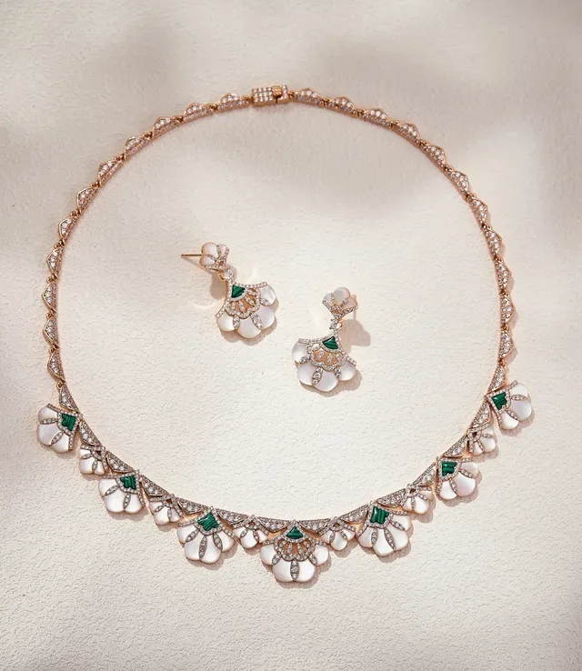 Fan-Motif Mother-of-Pearl and Pavé Stone Drop Earrings 2
