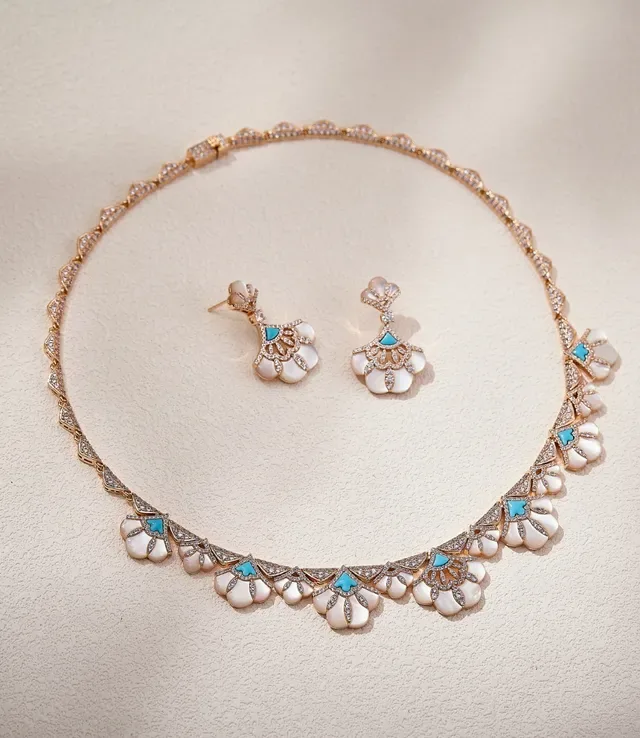 Fan-Motif Mother-of-Pearl and Pavé Stone Drop Earrings 3