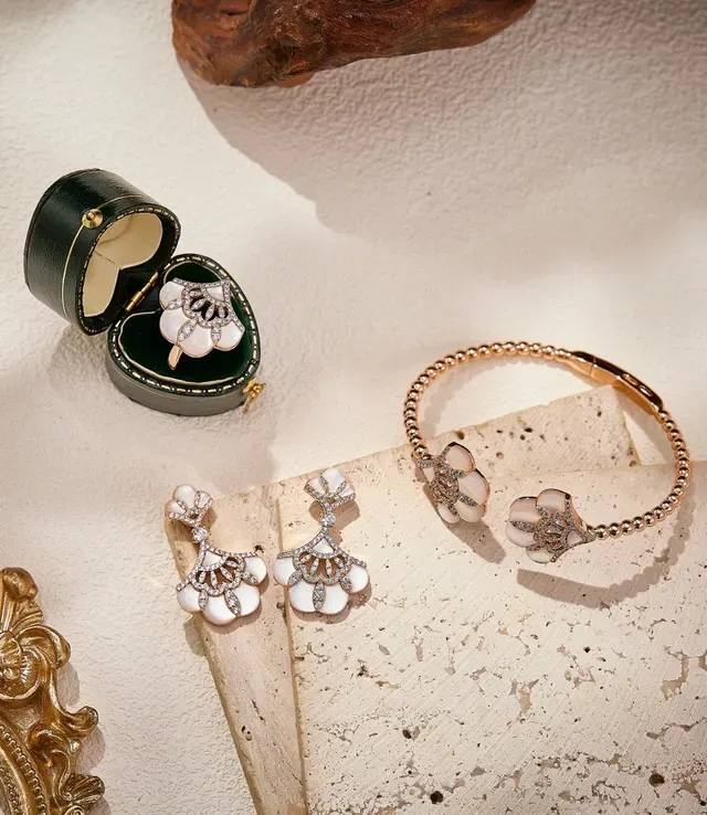 Fan-Motif Mother-of-Pearl and Pavé Stone Drop Earrings 5